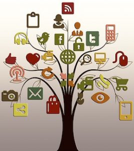 graphic of tree with multiple social media and device graphics on the branches.