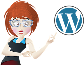 Graphic of woman pointing to a WordPress logo