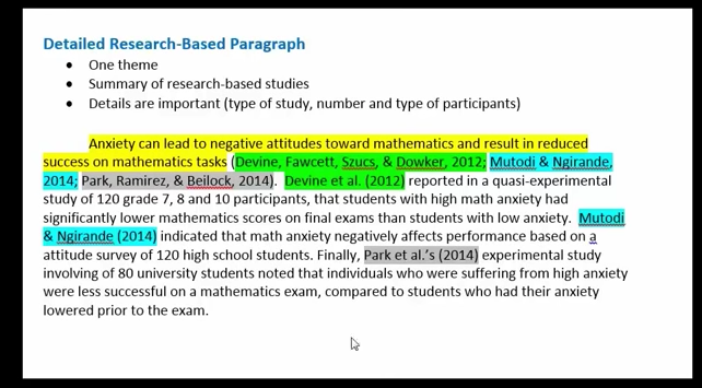 screenshot of research paragraph color-coded