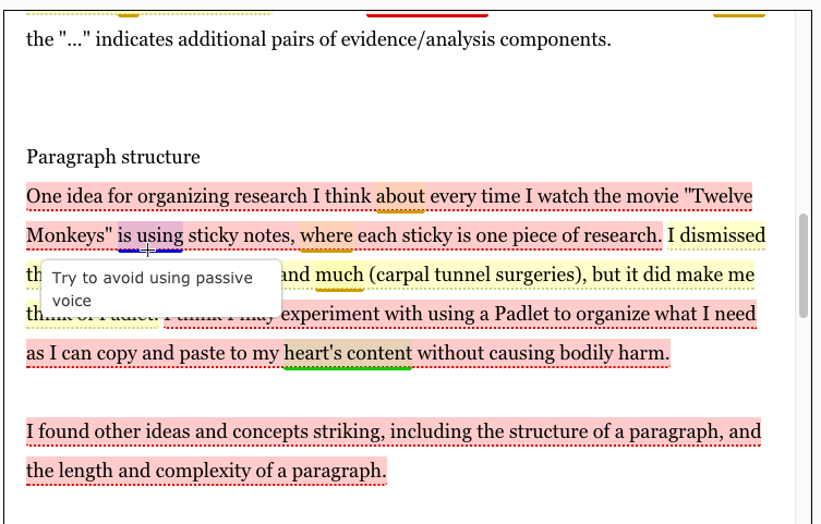 screenshot of text with readability items highlighted