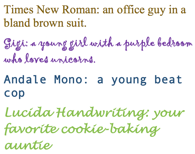 Graphic showing four fonts representing anthropomorphized impressions