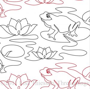Continuous line drawing of frogs on lily pads interspersed with water lily blooms.