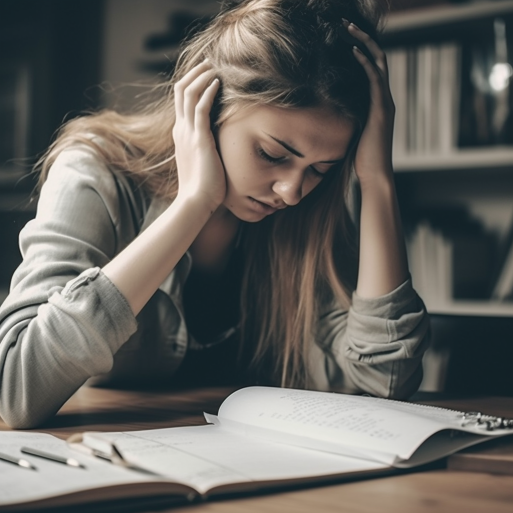Young woman struggling to learn in a library.