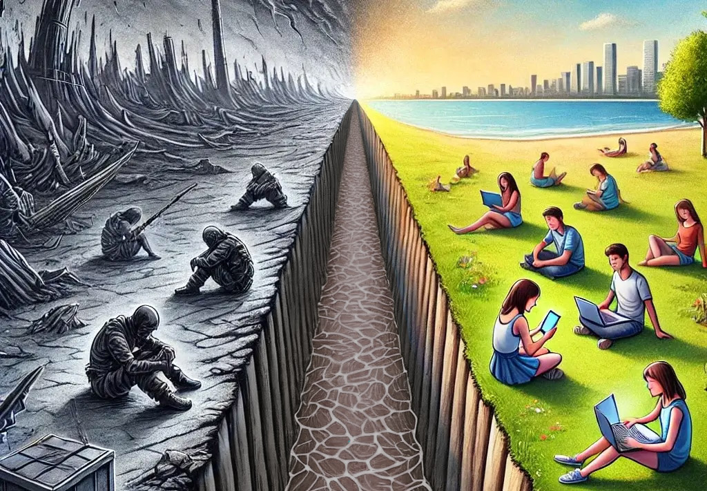 illustration showing a strong contrast between two environments, divided by a large trench that runs across the middle of the image. On the left side of the trench is an abstract, dark, chaotic landscape symbolizing war and destruction. On the right side is a peaceful, bright scene with happy students sitting on green grass, using laptops and digital devices.